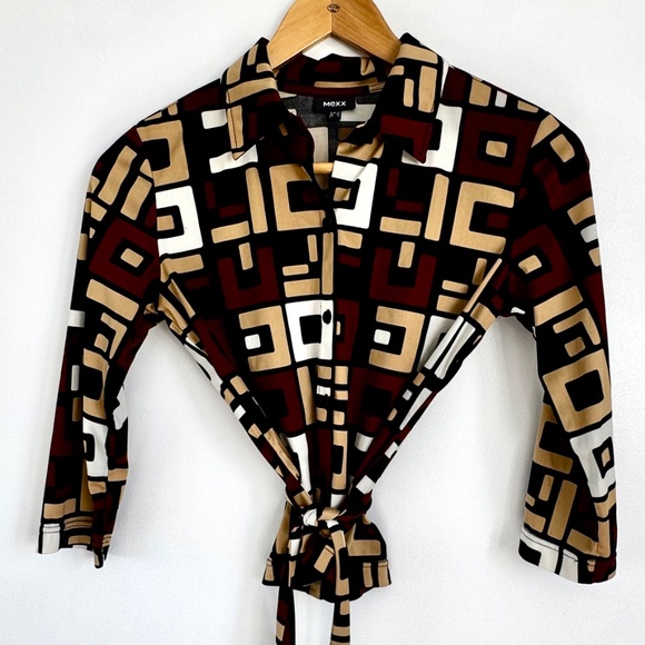 Vintage Retro Art Deco 70's Style Y2K Shirt Tie/Belt 3/4 Sleeves Brown Size XS - Picture 2 of 12